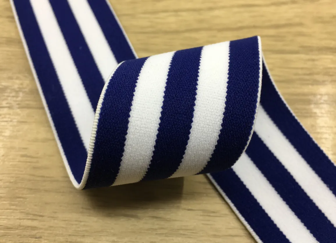 1.5 inch (40mm) Colored Plush White and Blue Wide Striped Soft Elastic Band
