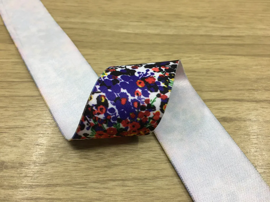 1.5 inch (40mm) Wide Satin Finish Blue and Red Flowers Soft Elastic Band