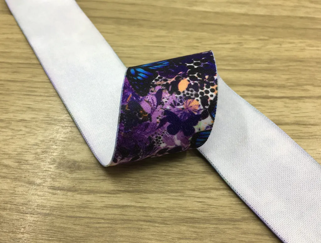 1.5 inch (40mm) Wide Satin Finish Purple Flowers Soft Elastic Band