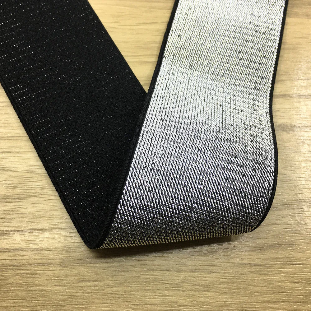2 inch (50mm) Wide Silver Glitter Soft Black Elastic Bands - 1 Yard