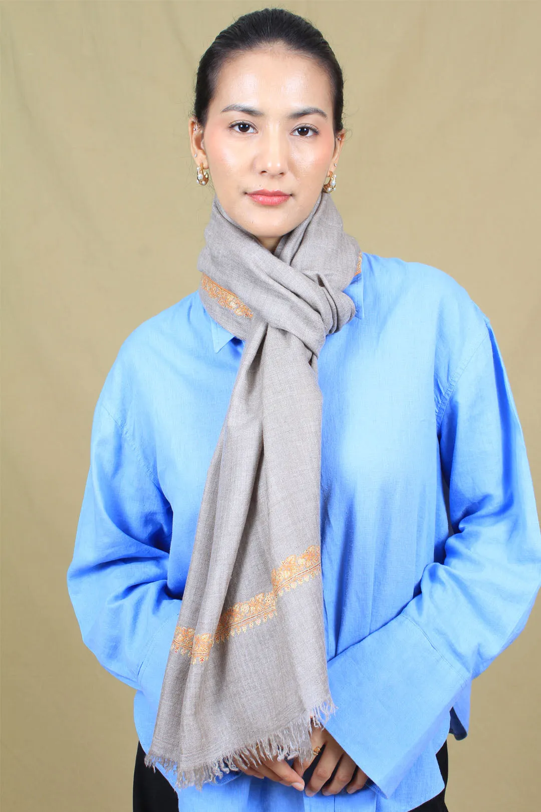 Afnaan Ashley Grey Hashidar Embroidered Pashmina Stole