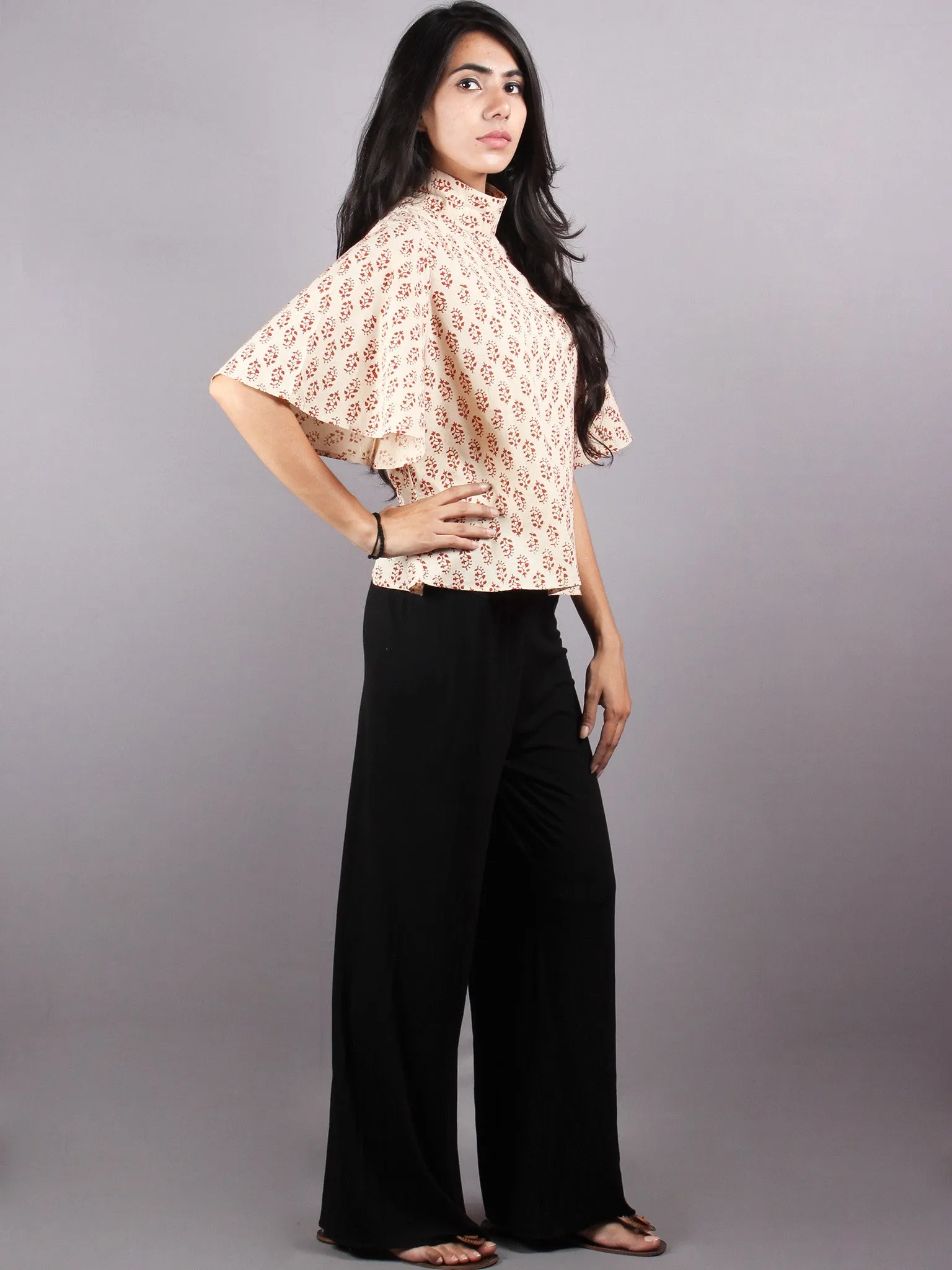 Beige Red High Neck Hand Block Printed Cotton Flared Sleeves Back Buttons Top - T1064014