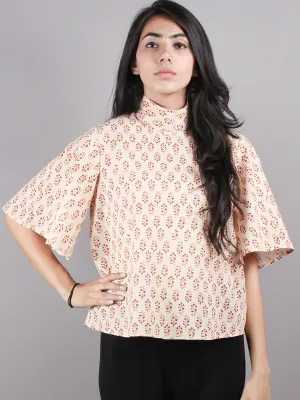 Beige Red High Neck Hand Block Printed Cotton Flared Sleeves Back Buttons Top - T1064014