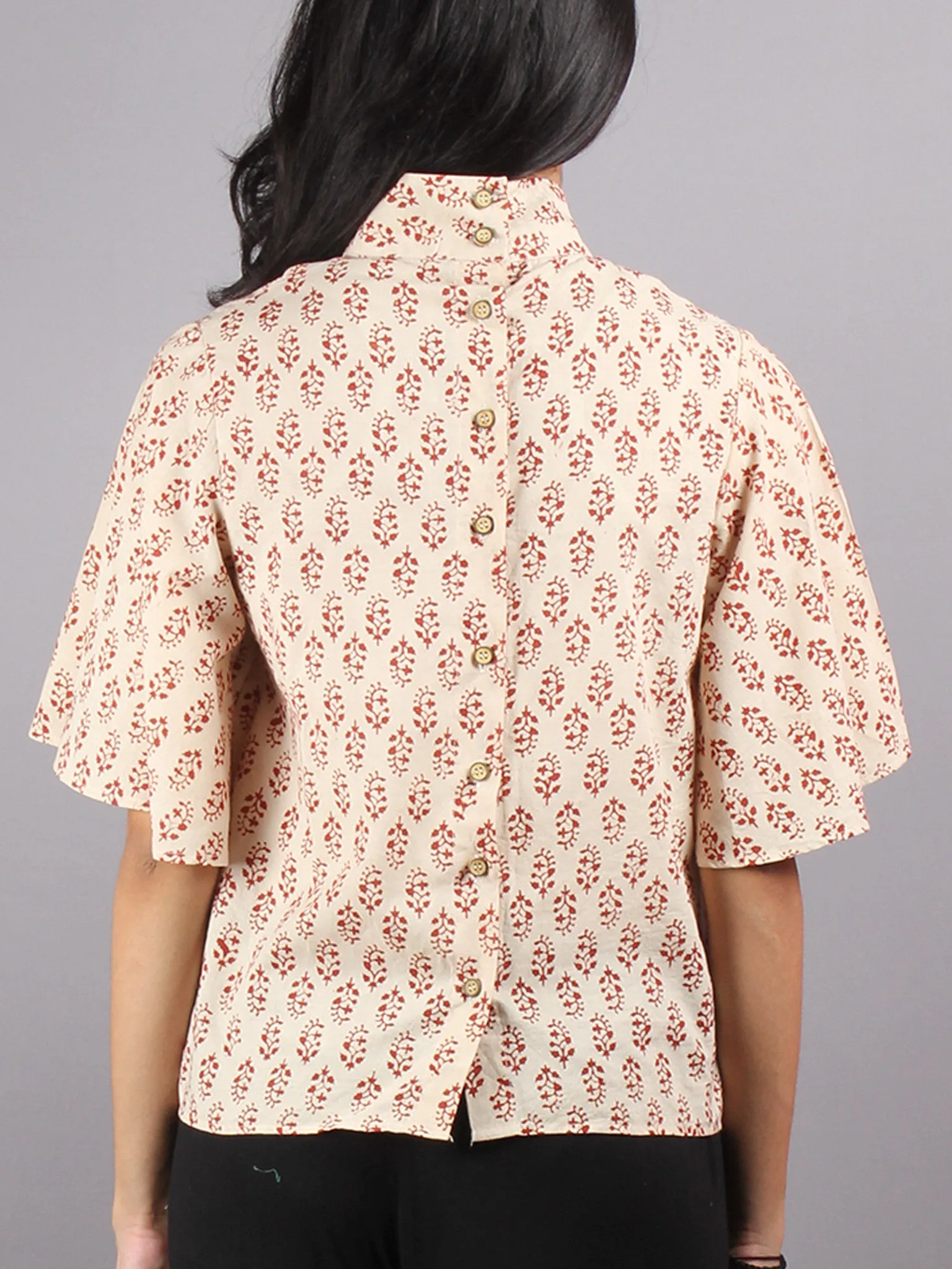 Beige Red High Neck Hand Block Printed Cotton Flared Sleeves Back Buttons Top - T1064014