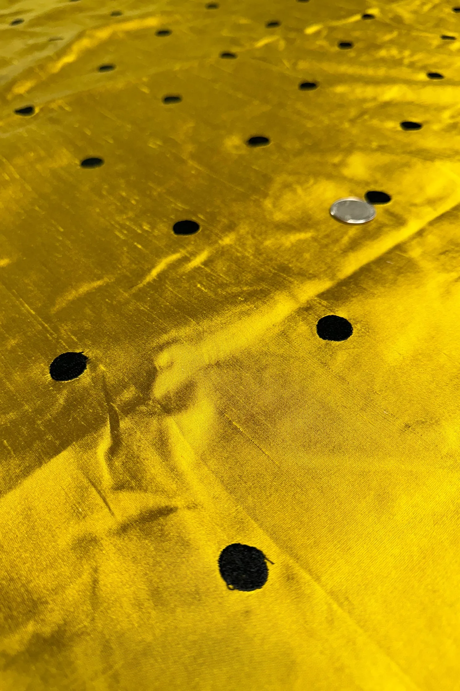 Black Dots on Gold Shantung Embroidered Dupioni Silk