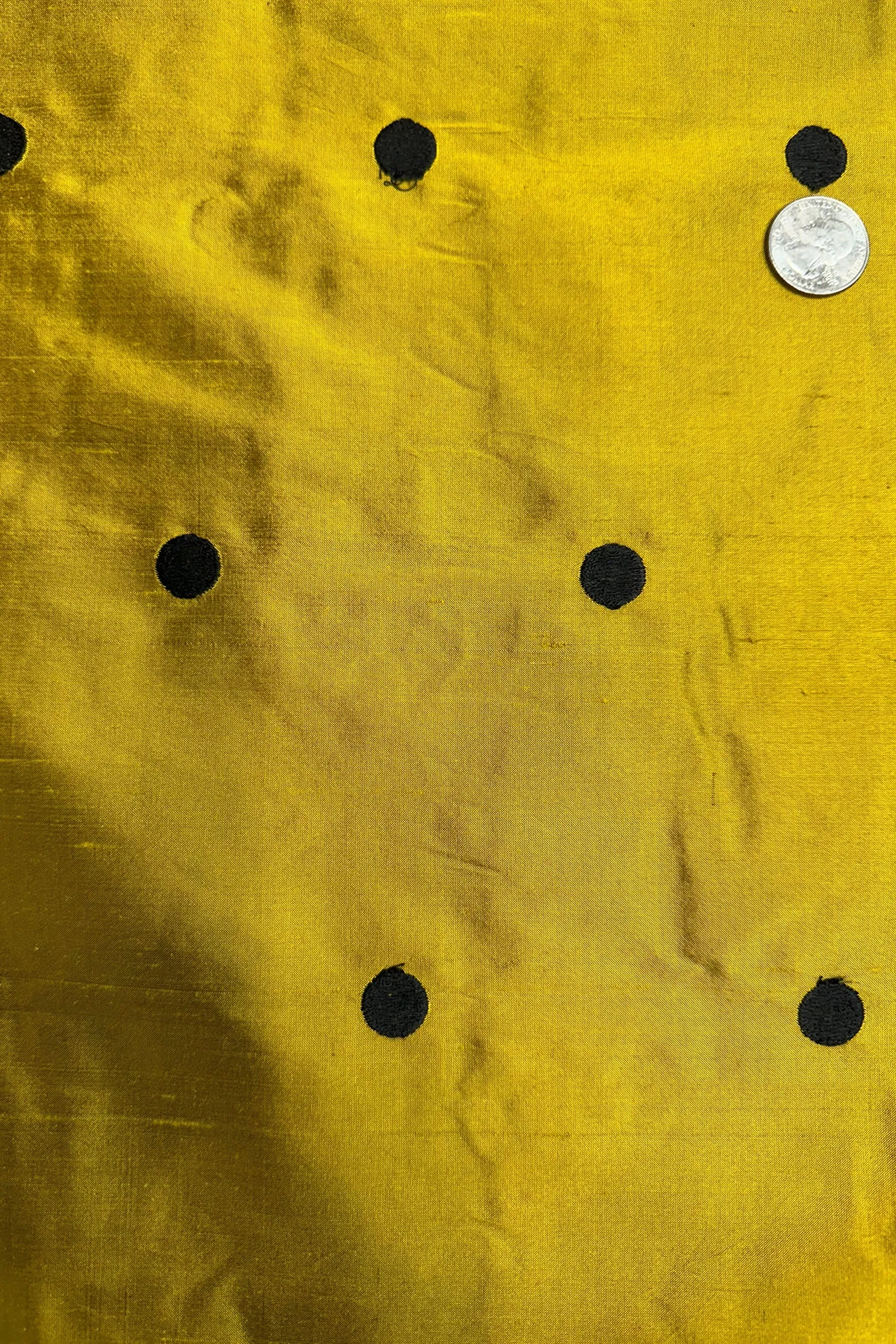 Black Dots on Gold Shantung Embroidered Dupioni Silk