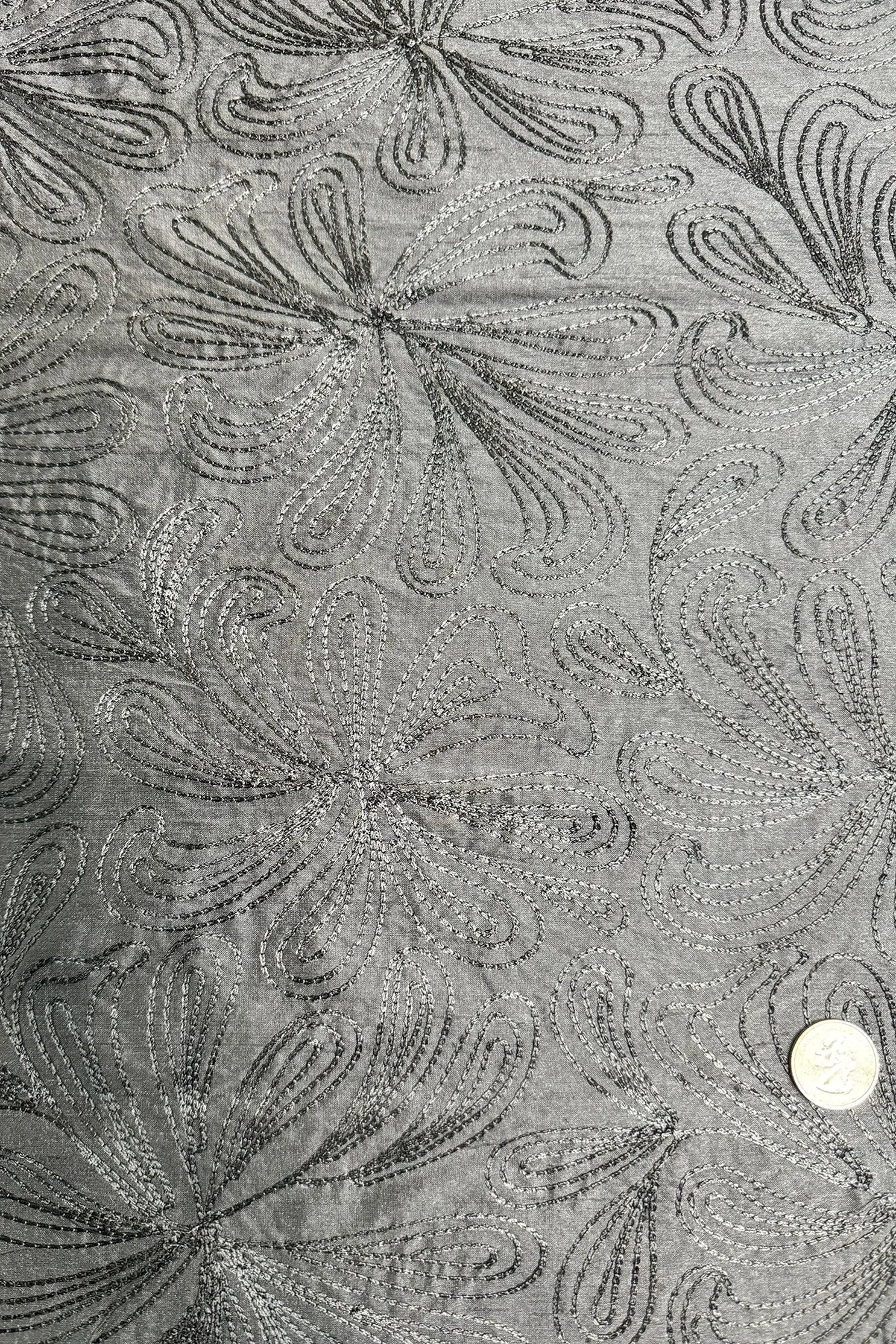 Black Embroidered Dupioni Silk