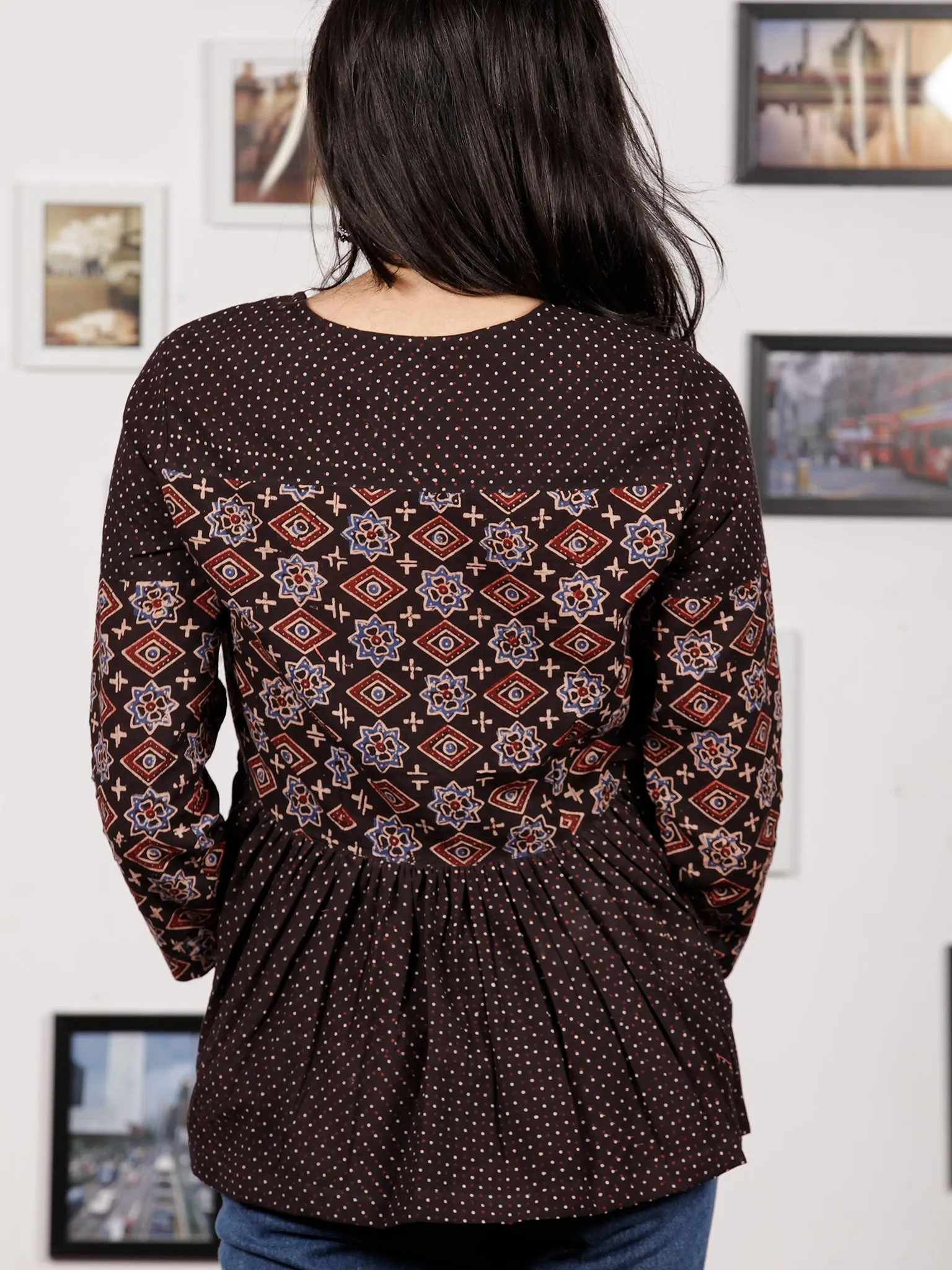 Black Maroon Beige Ajrakh Hand Block Printed Cotton Top - T29F1605
