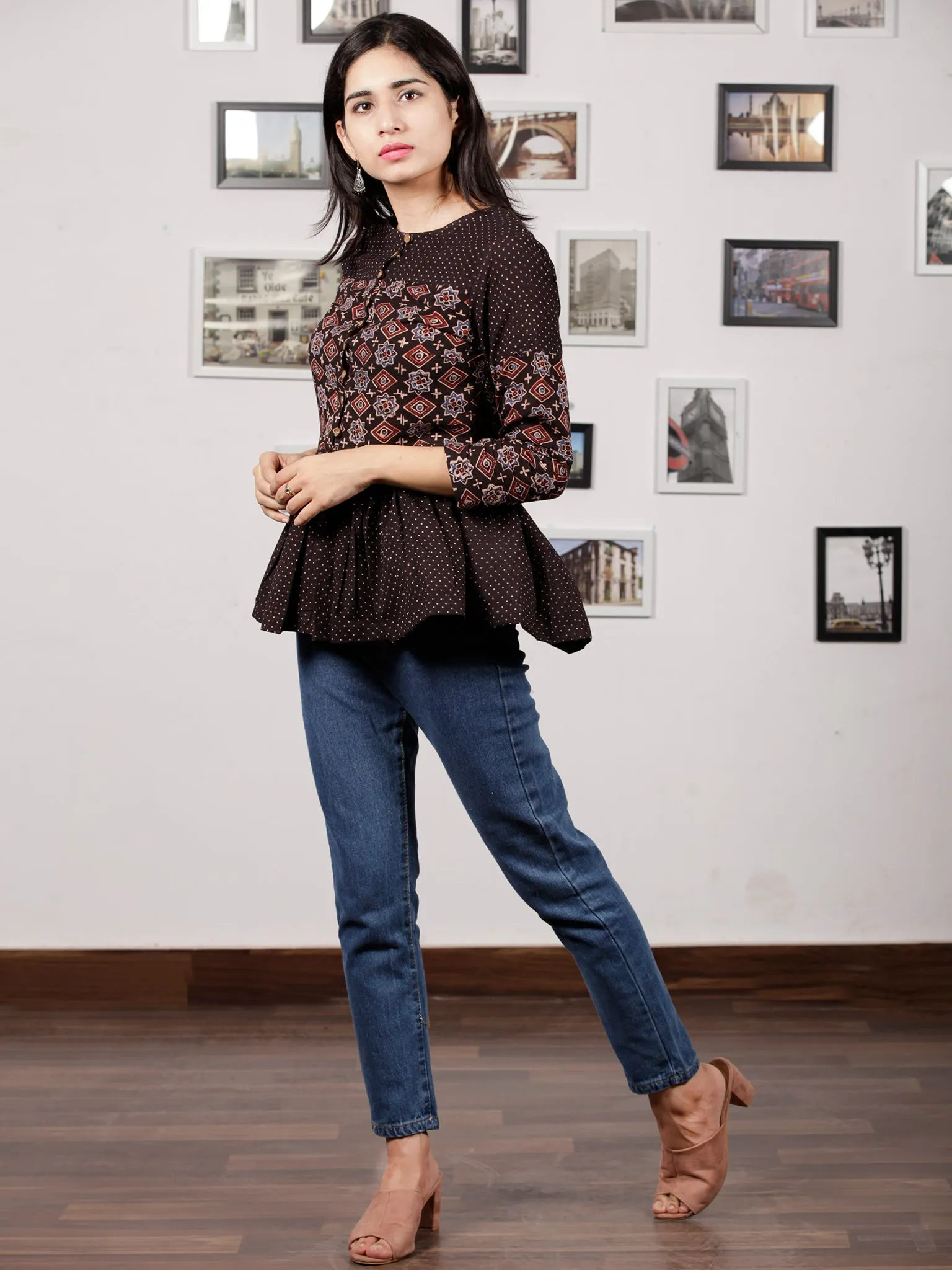 Black Maroon Beige Ajrakh Hand Block Printed Cotton Top - T29F1605
