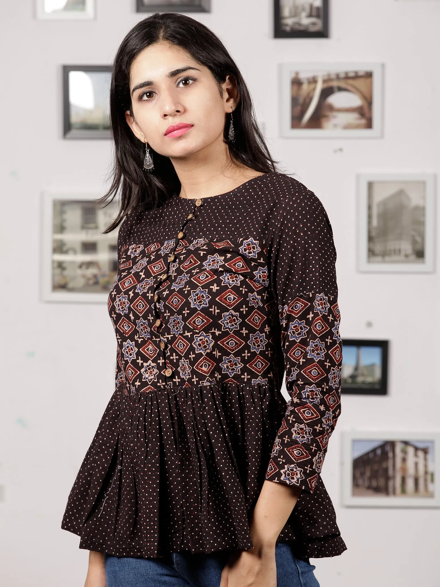 Black Maroon Beige Ajrakh Hand Block Printed Cotton Top - T29F1605