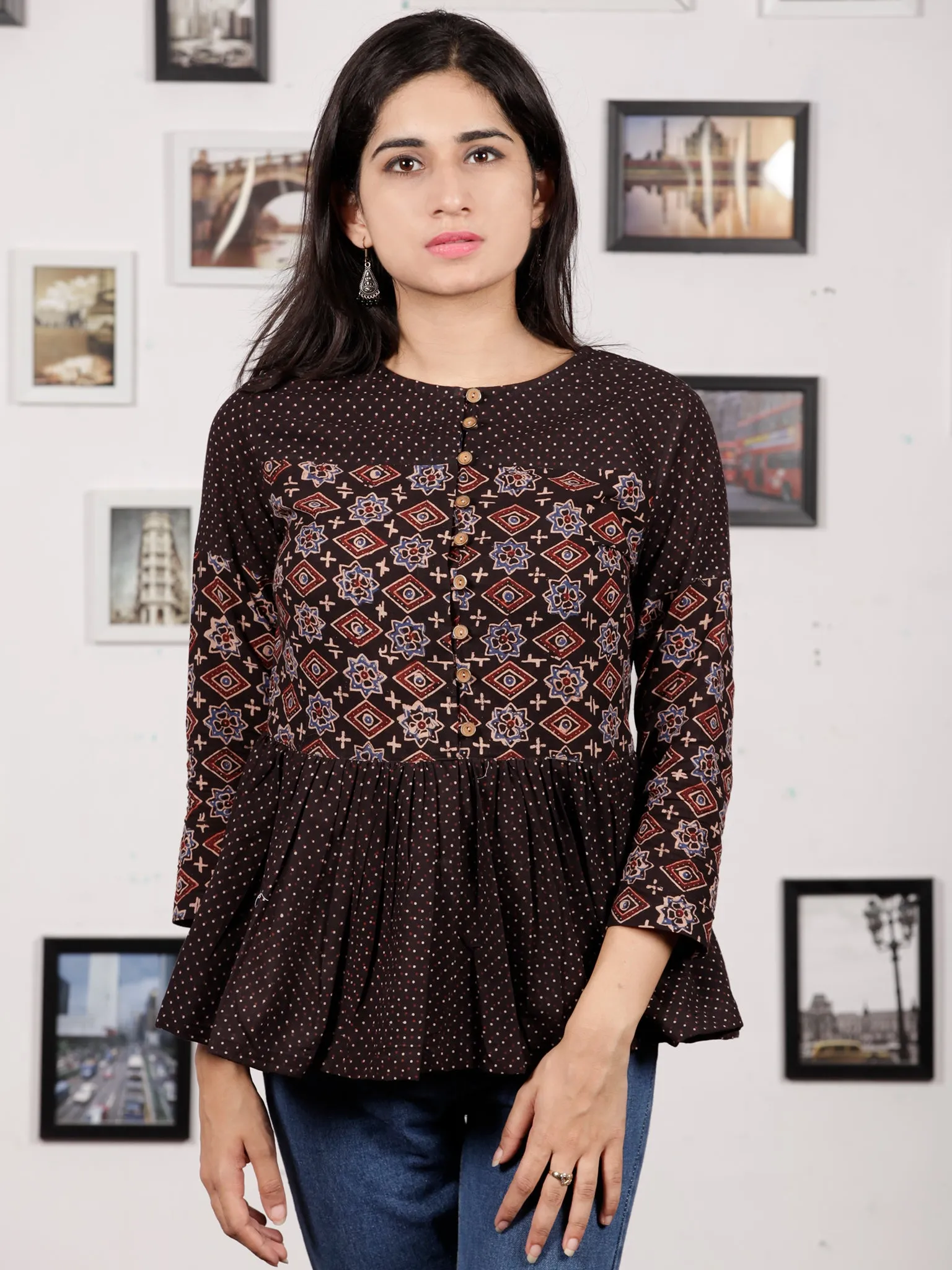 Black Maroon Beige Ajrakh Hand Block Printed Cotton Top - T29F1605