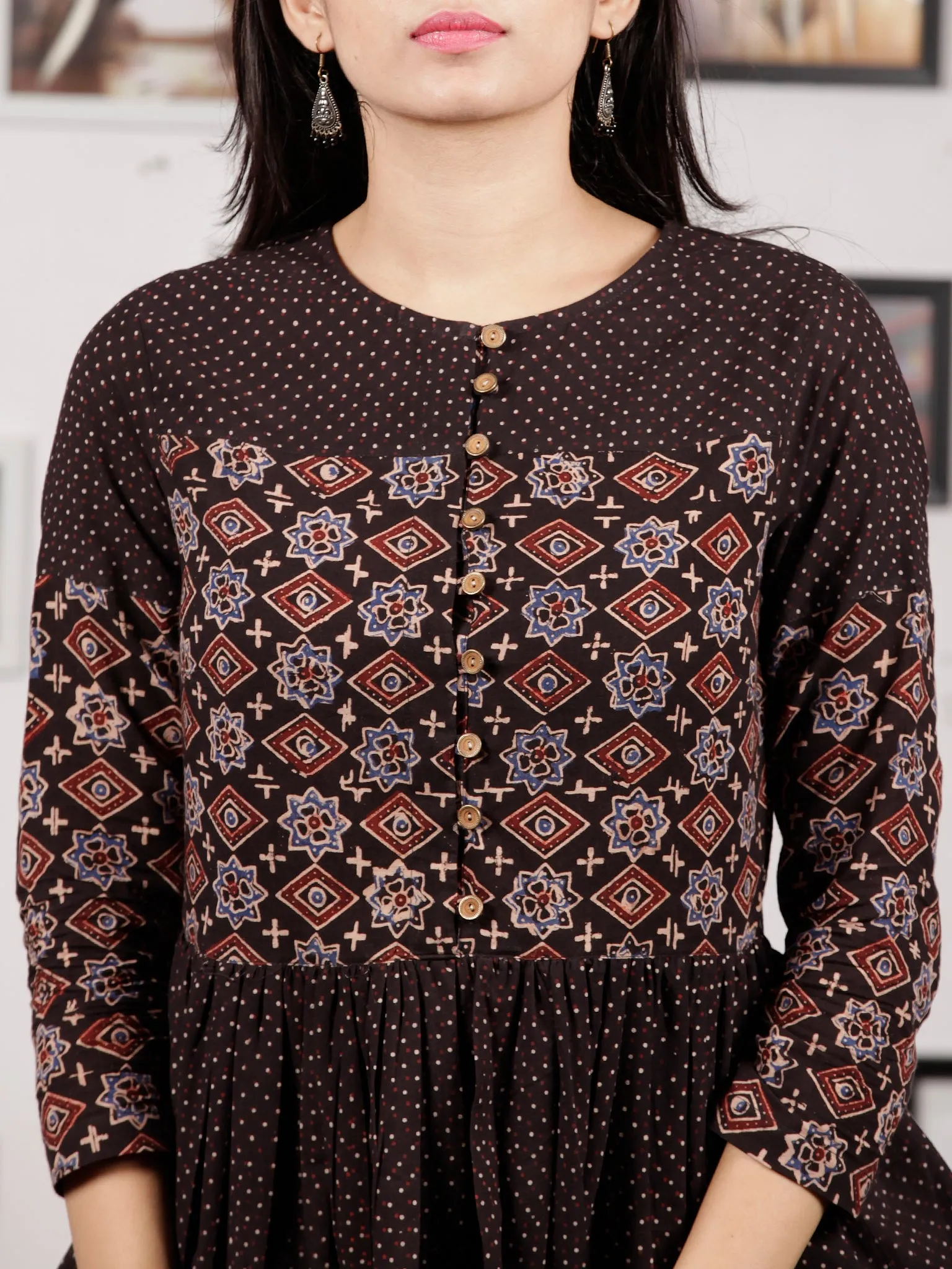 Black Maroon Beige Ajrakh Hand Block Printed Cotton Top - T29F1605