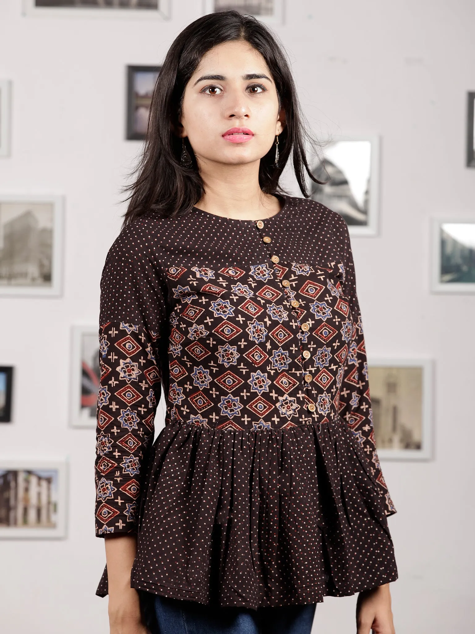 Black Maroon Beige Ajrakh Hand Block Printed Cotton Top - T29F1605