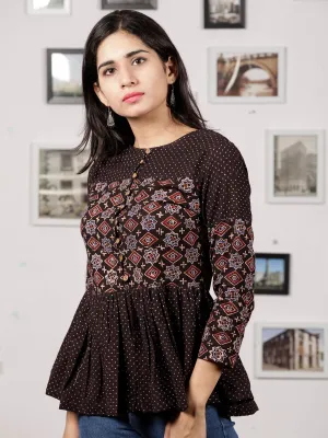 Black Maroon Beige Ajrakh Hand Block Printed Cotton Top - T29F1605