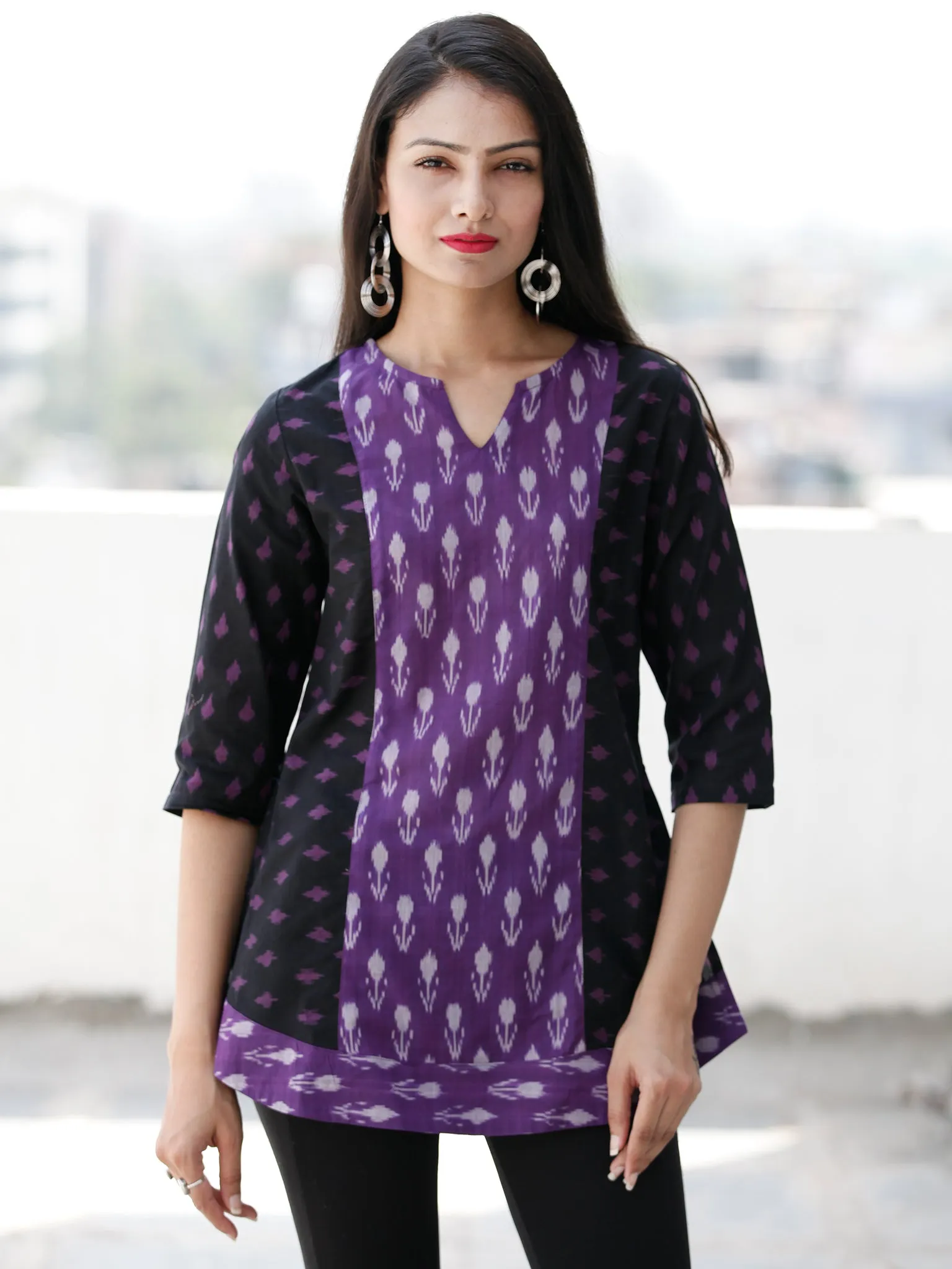 Black Purple Ivory Hand Woven Ikat Cotton Top  - T68F1855