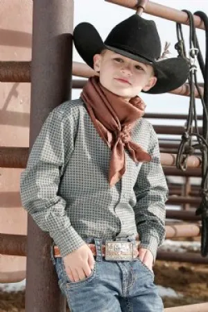 BOY'S MATCH DAD MEDALLION PRINT BUTTON-DOWN WESTERN SHIRT - TEAL / ORANGE
