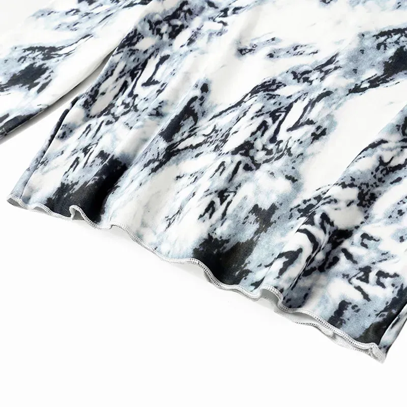 Casual Slim Tie Dye Colorblock T Shirt For Women Stand Collar Long Sleeve T Shirts Female Fashion Clothing