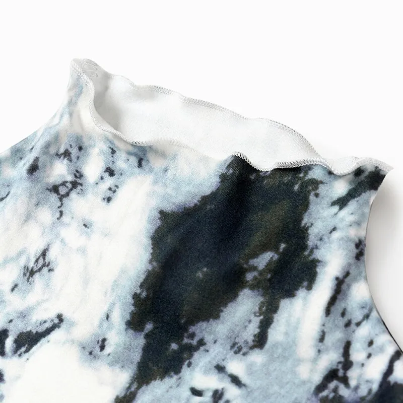 Casual Slim Tie Dye Colorblock T Shirt For Women Stand Collar Long Sleeve T Shirts Female Fashion Clothing