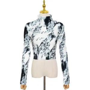 Casual Slim Tie Dye Colorblock T Shirt For Women Stand Collar Long Sleeve T Shirts Female Fashion Clothing