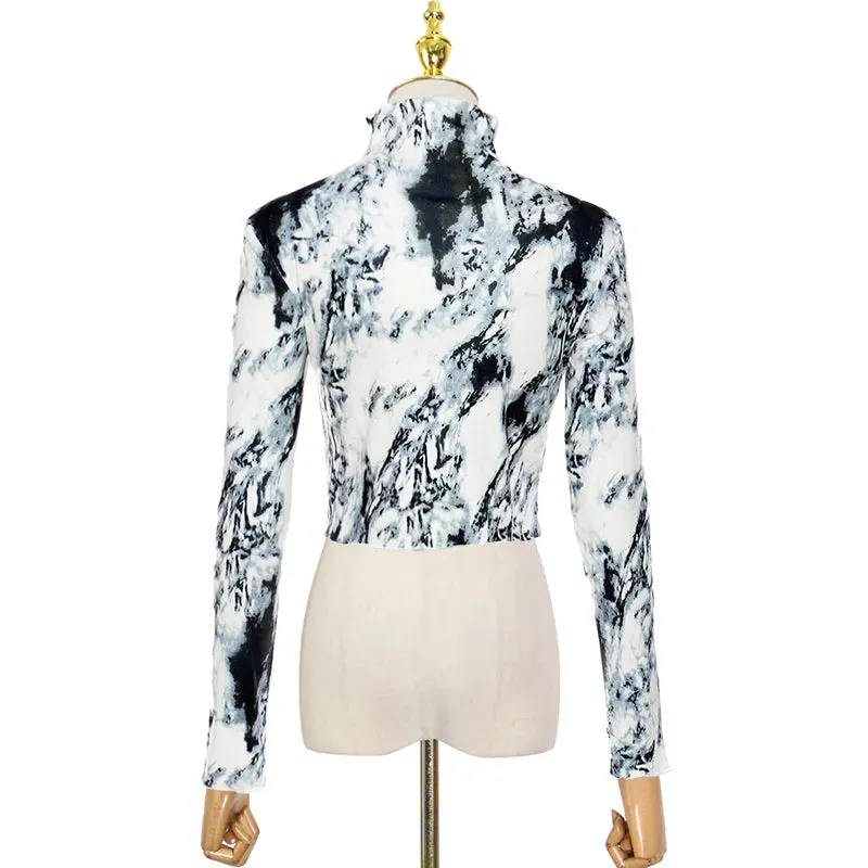 Casual Slim Tie Dye Colorblock T Shirt For Women Stand Collar Long Sleeve T Shirts Female Fashion Clothing