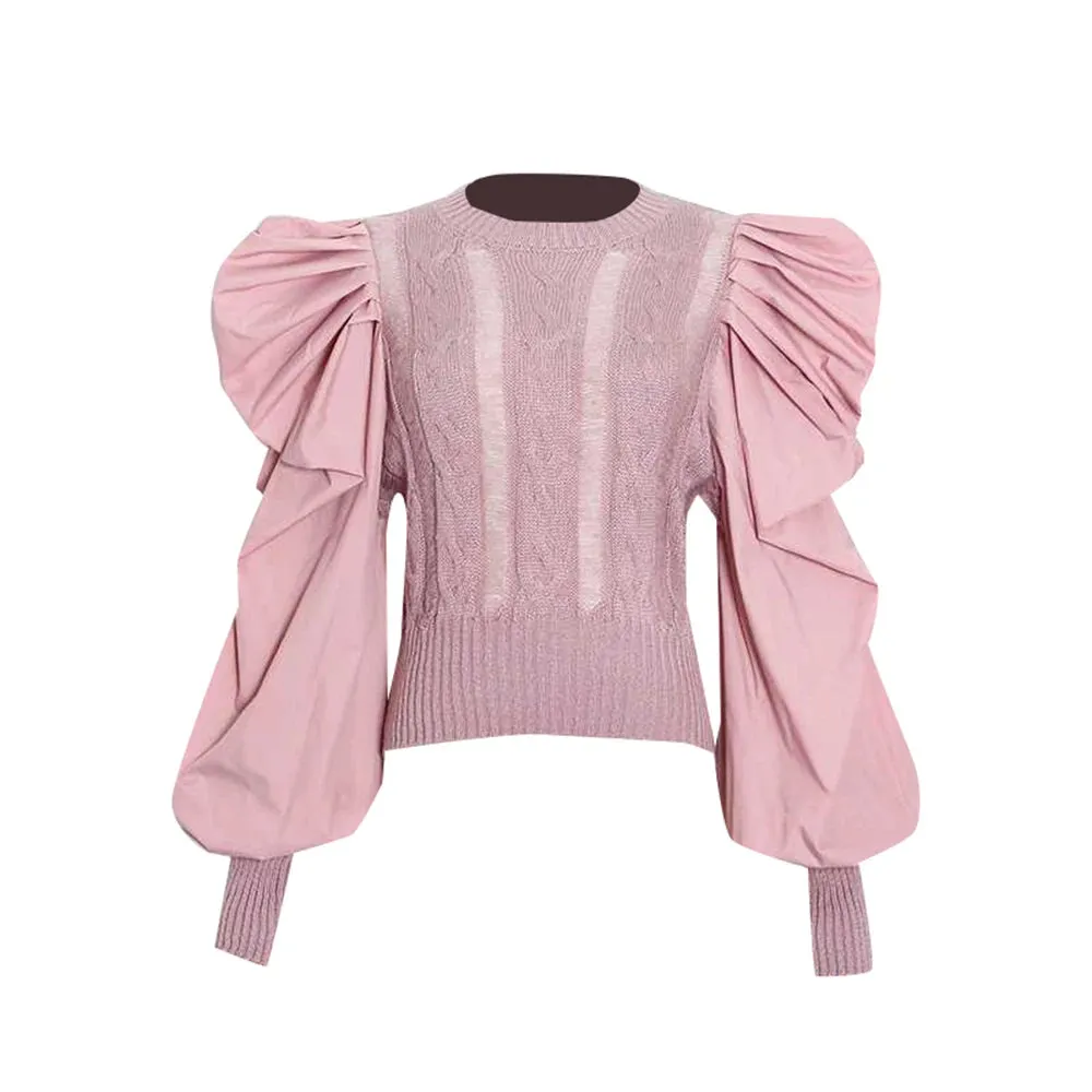 Casual Solid Hole Hollow Out Knitting Sweaters For Women Round Neck Puff Sleeve Fashion Minimalist Pullover Sweater Female