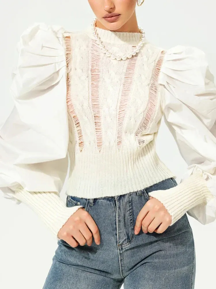 Casual Solid Hole Hollow Out Knitting Sweaters For Women Round Neck Puff Sleeve Fashion Minimalist Pullover Sweater Female