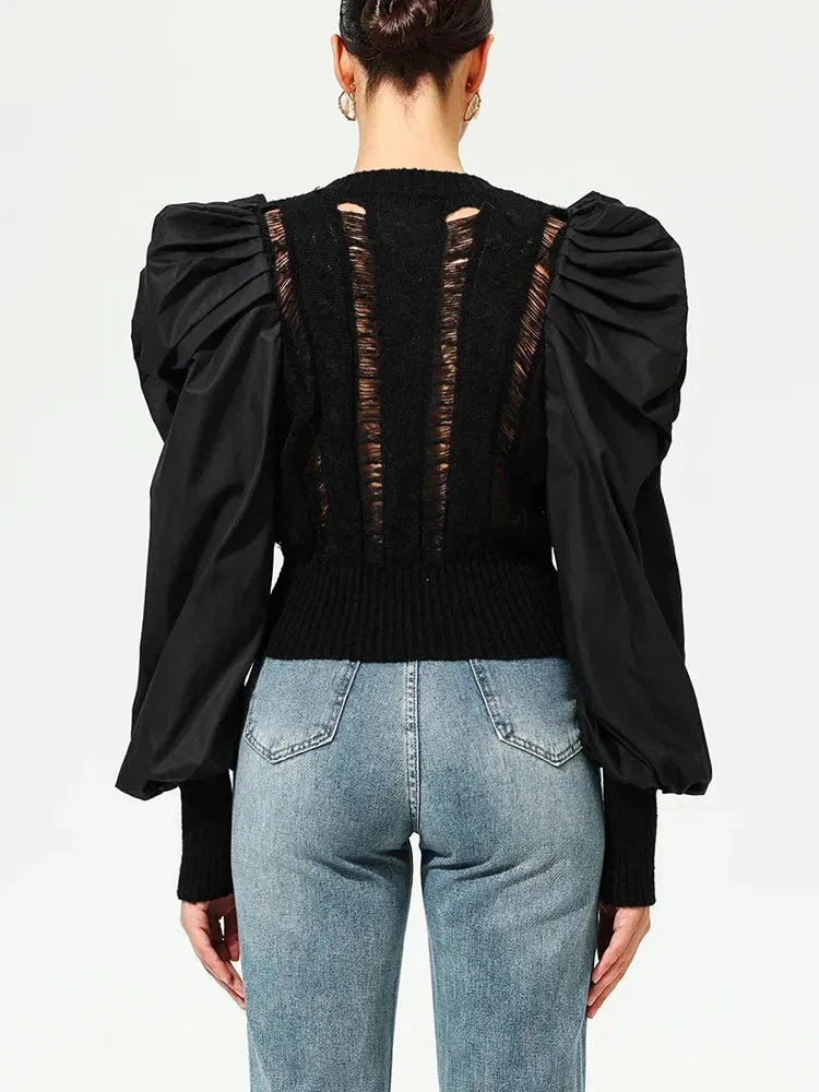 Casual Solid Hole Hollow Out Knitting Sweaters For Women Round Neck Puff Sleeve Fashion Minimalist Pullover Sweater Female