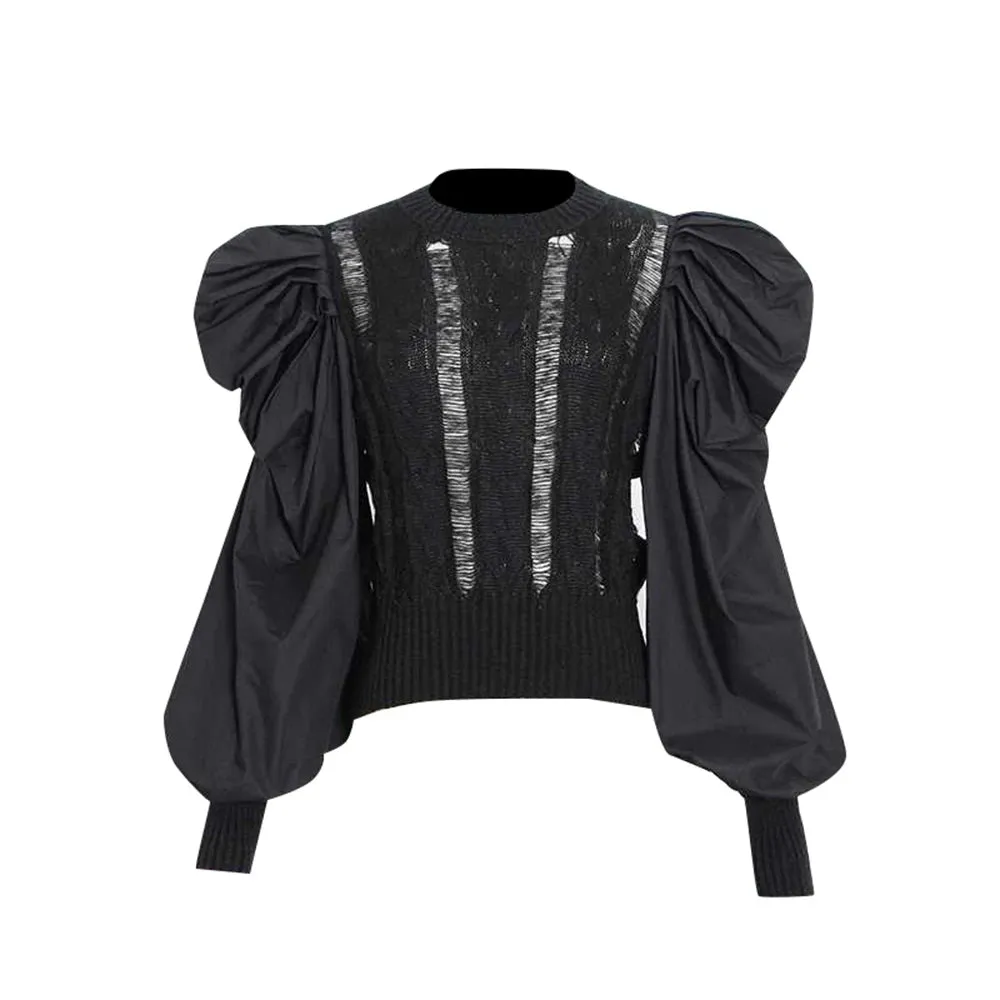 Casual Solid Hole Hollow Out Knitting Sweaters For Women Round Neck Puff Sleeve Fashion Minimalist Pullover Sweater Female
