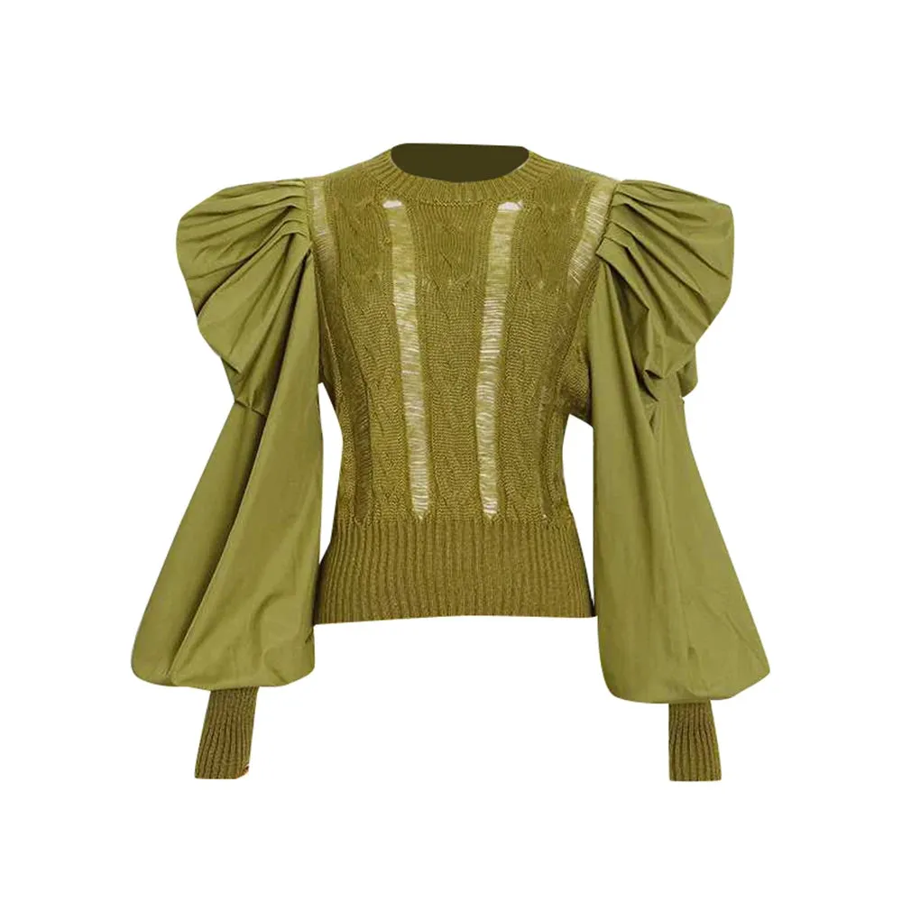Casual Solid Hole Hollow Out Knitting Sweaters For Women Round Neck Puff Sleeve Fashion Minimalist Pullover Sweater Female