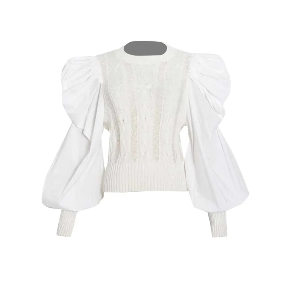 Casual Solid Hole Hollow Out Knitting Sweaters For Women Round Neck Puff Sleeve Fashion Minimalist Pullover Sweater Female