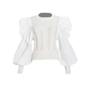Casual Solid Hole Hollow Out Knitting Sweaters For Women Round Neck Puff Sleeve Fashion Minimalist Pullover Sweater Female