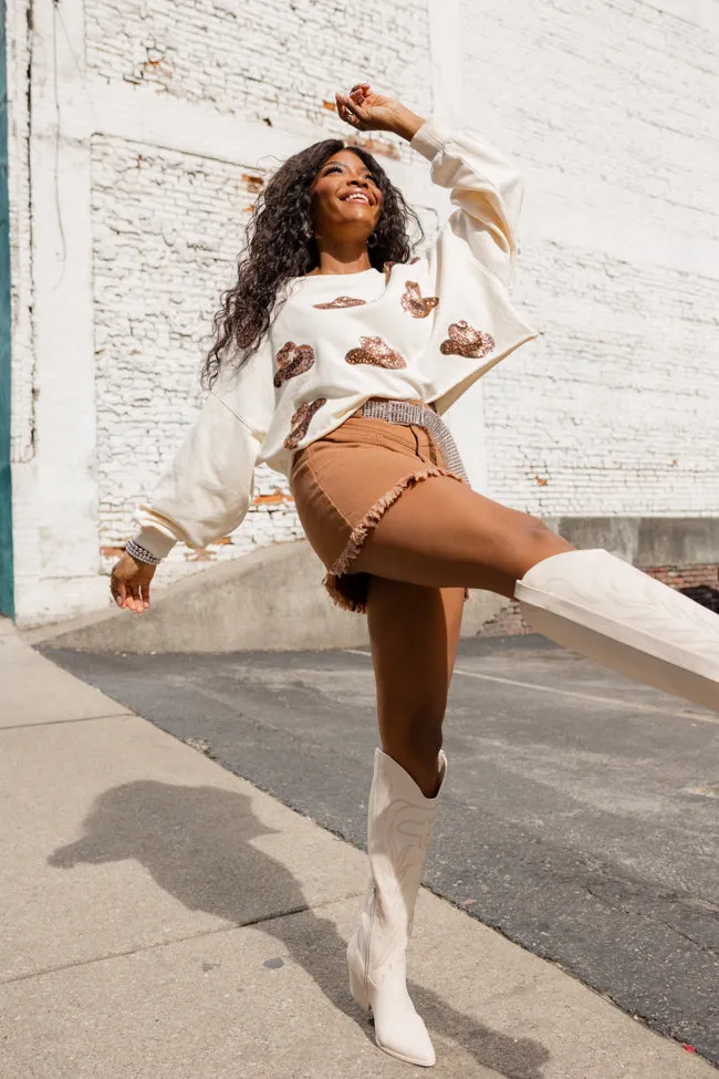 Country Soul Cowboy Hat Sequin Patch Ivory Cropped Sweatshirt