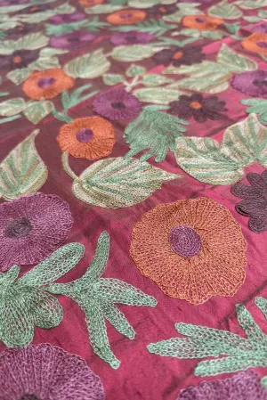 Crewel Flowers on Red Embroidered Silk