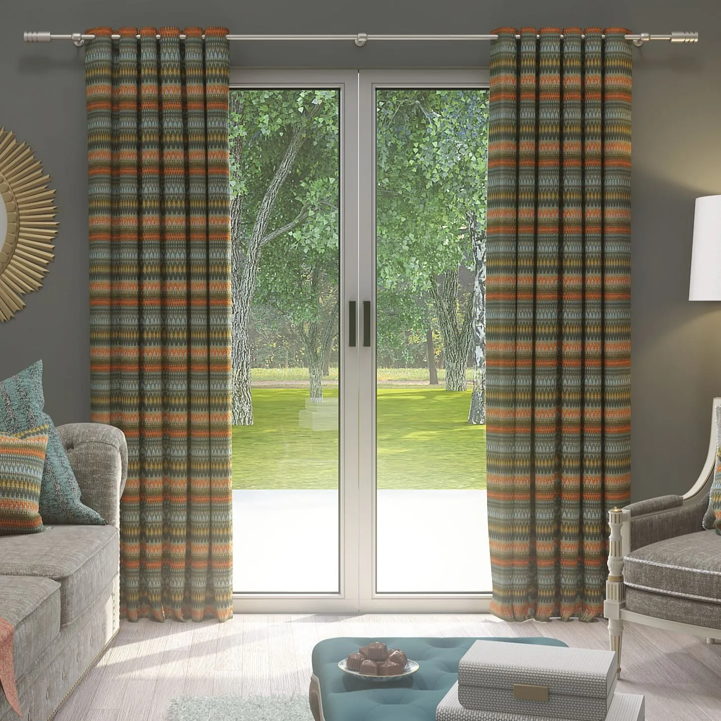 Curitiba Aztec Orange   Teal Curtains