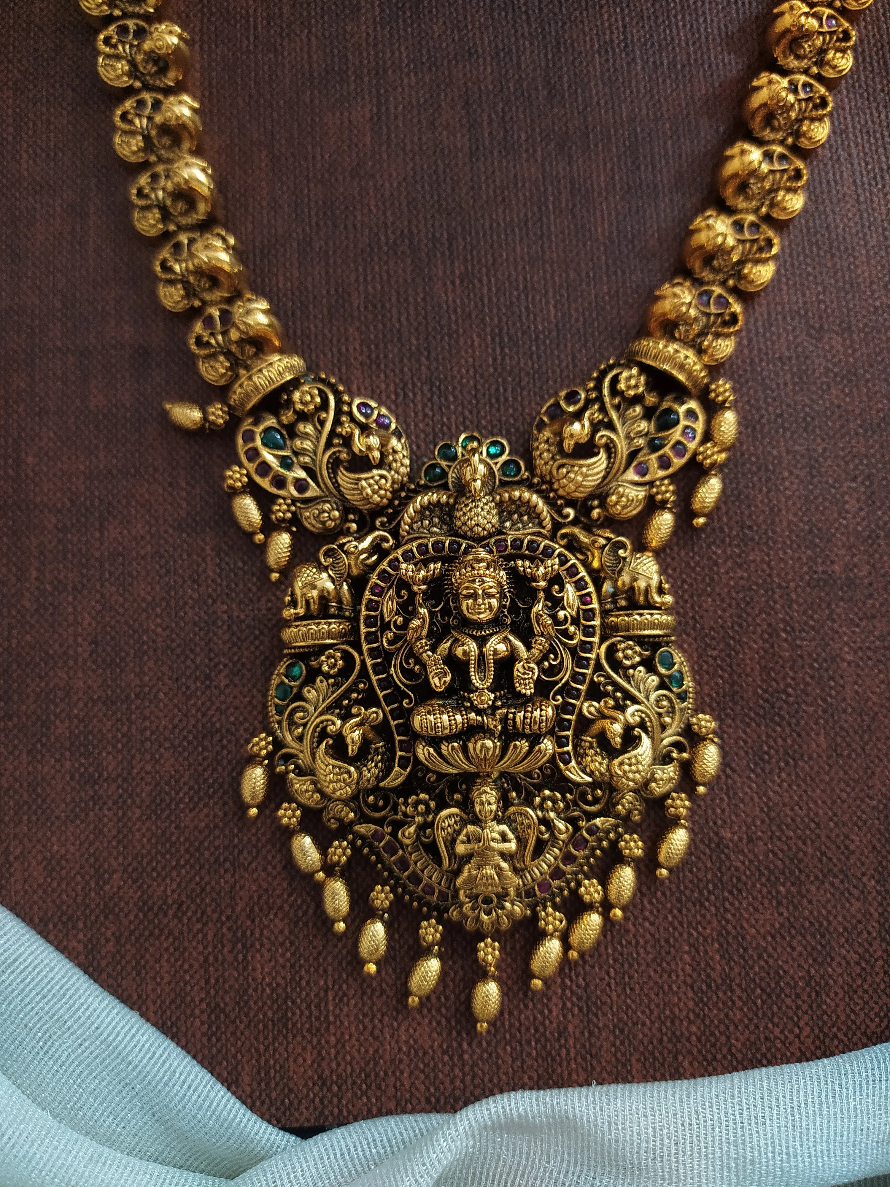 Divine Lakshmi Ji & Peacock Design Antique Nagas Long Haram Set