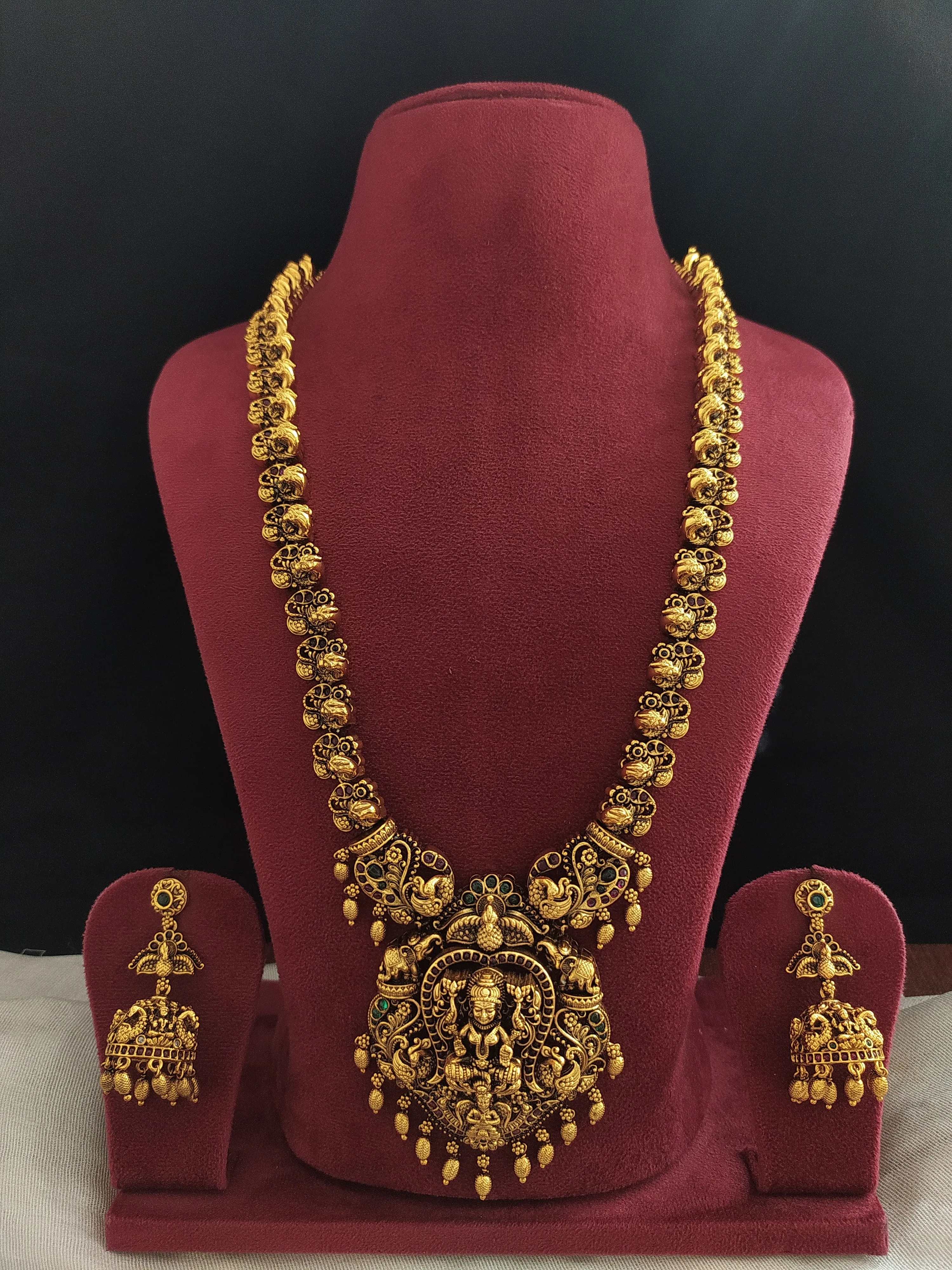 Divine Lakshmi Ji & Peacock Design Antique Nagas Long Haram Set