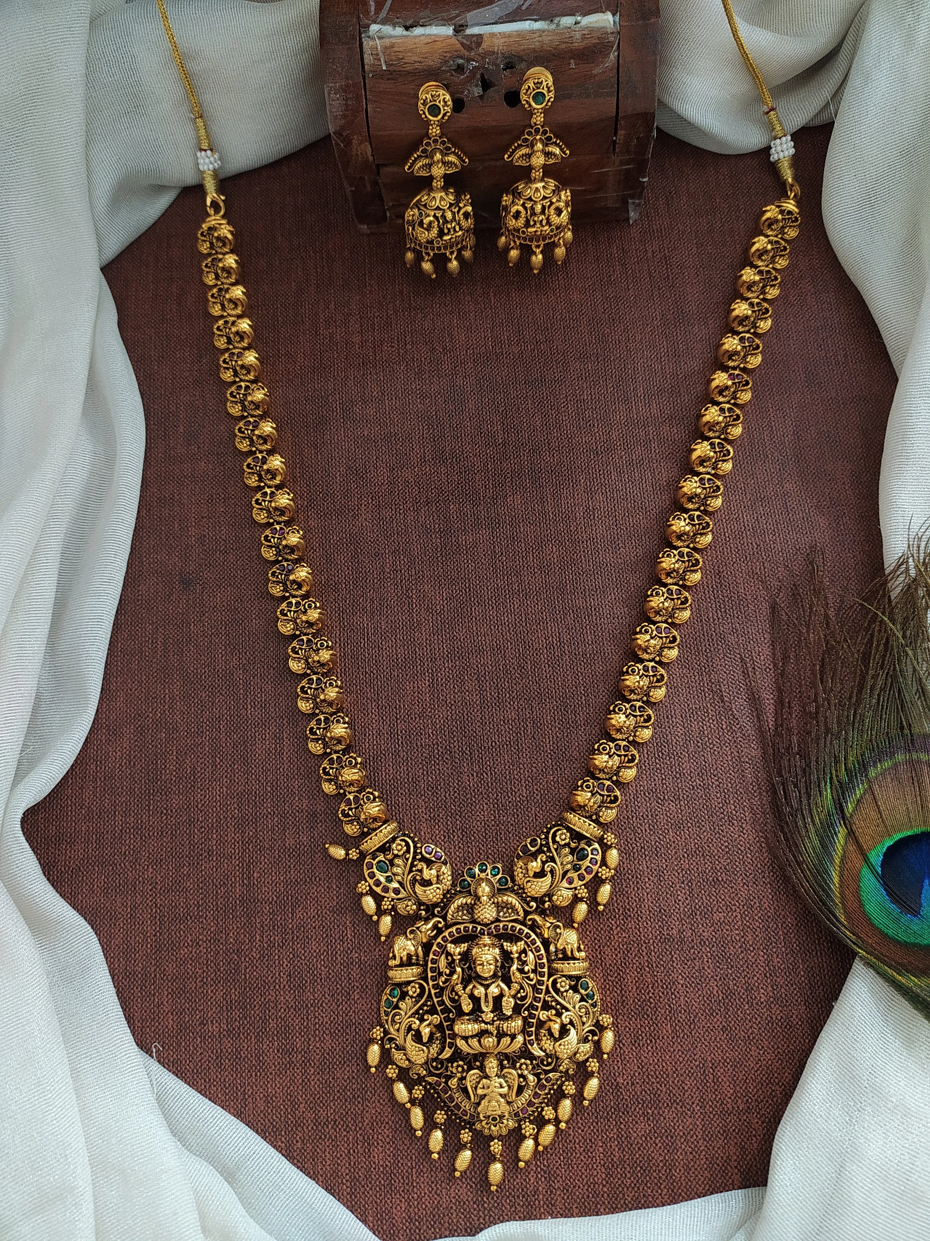 Divine Lakshmi Ji & Peacock Design Antique Nagas Long Haram Set