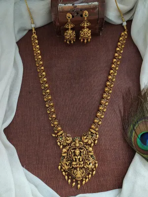 Divine Lakshmi Ji & Peacock Design Antique Nagas Long Haram Set