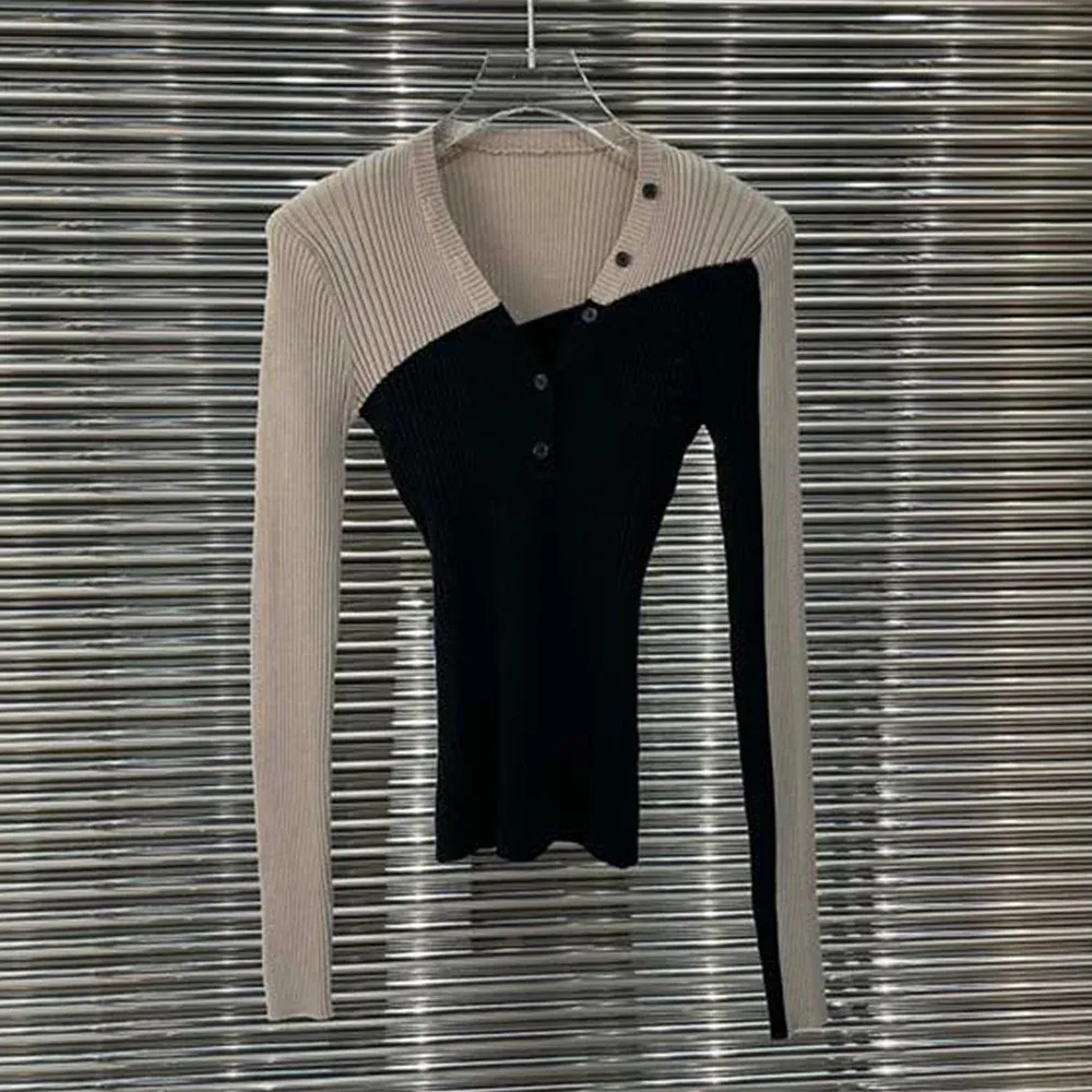 Fashion Patchwork Knitting Sweater For Women V Neck Long Sleeve Colorblock Slim Cardigan Female Autumn Clothing