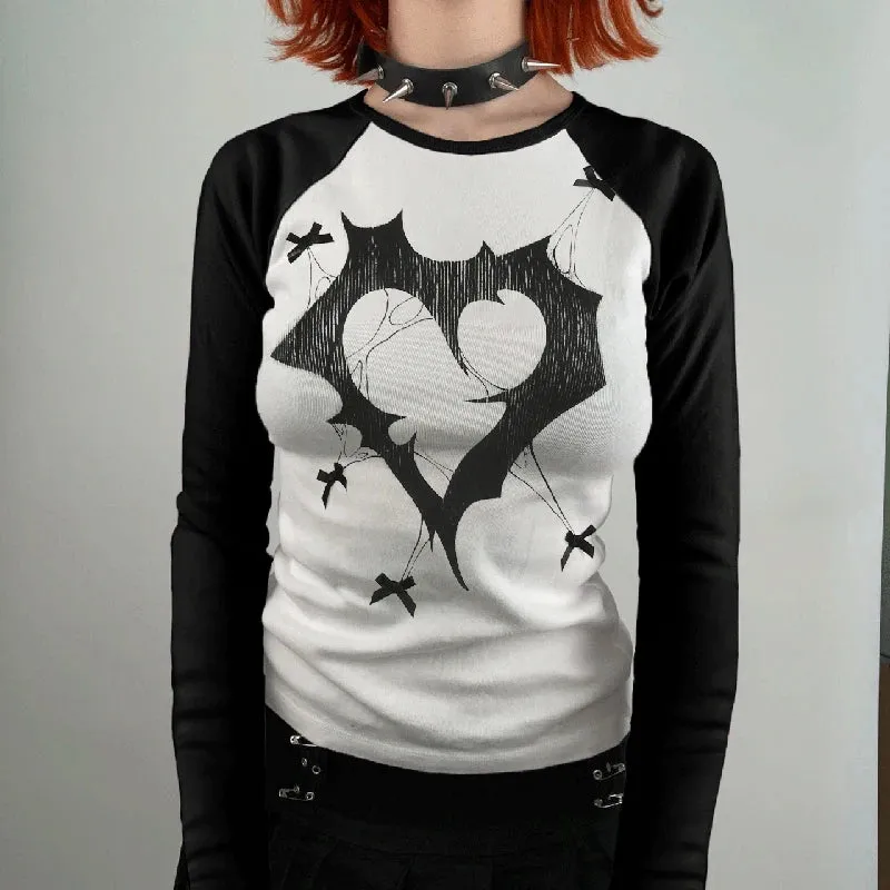 Gothic Bow Printed Graphic T-shirt Women Knitted Harajuku Autumn Tee Shirts Casual Slim Raglan Sleeve Top Pullovers