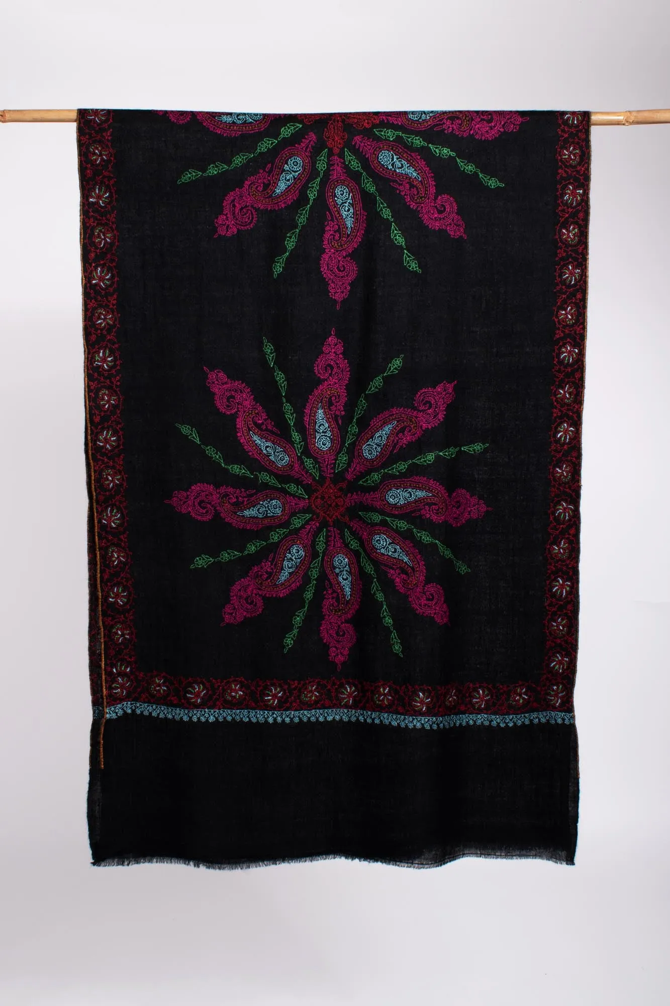 Hand Embroidered Sozni Kashmiri Cashmere Scarf in Black - ANDALUSIA