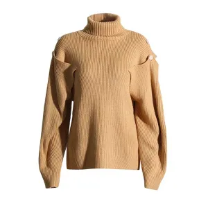 Hollow Out Sweater For Women Turtleneck Lantern Sleeve Knitting Minimalist Sweaters Female Autumn Clothing Fashion
