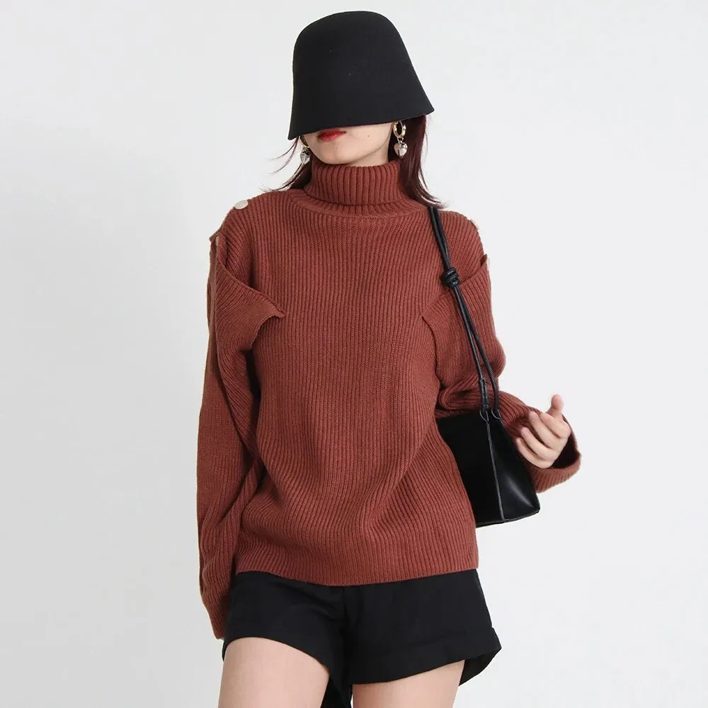 Hollow Out Sweater For Women Turtleneck Lantern Sleeve Knitting Minimalist Sweaters Female Autumn Clothing Fashion