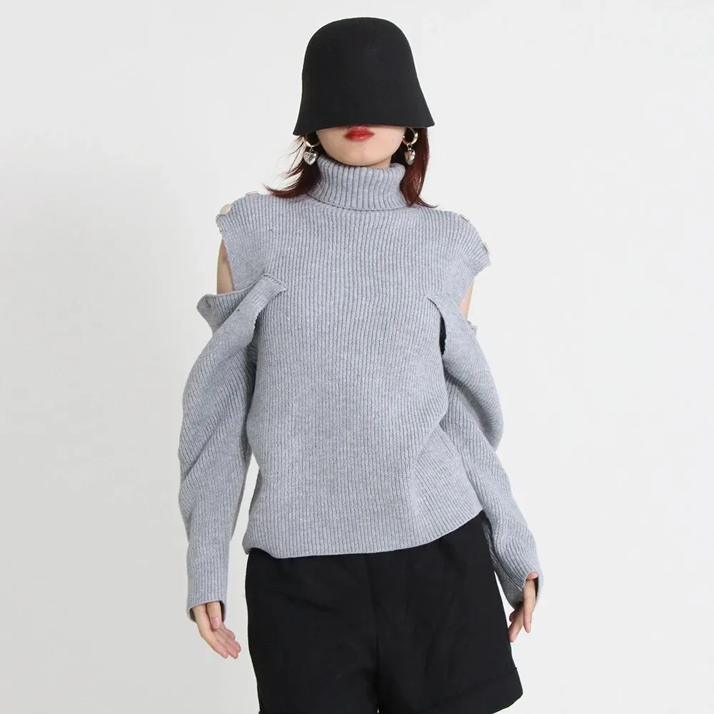 Hollow Out Sweater For Women Turtleneck Lantern Sleeve Knitting Minimalist Sweaters Female Autumn Clothing Fashion