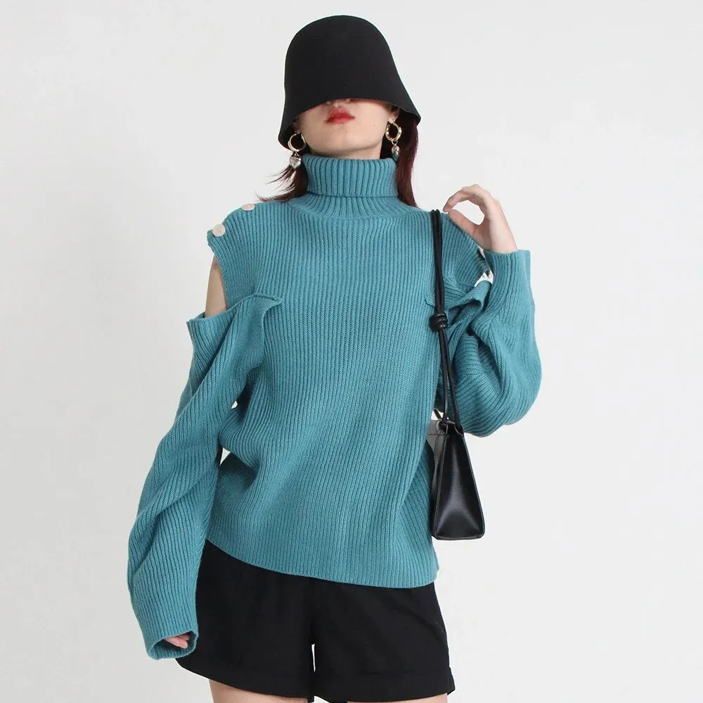 Hollow Out Sweater For Women Turtleneck Lantern Sleeve Knitting Minimalist Sweaters Female Autumn Clothing Fashion