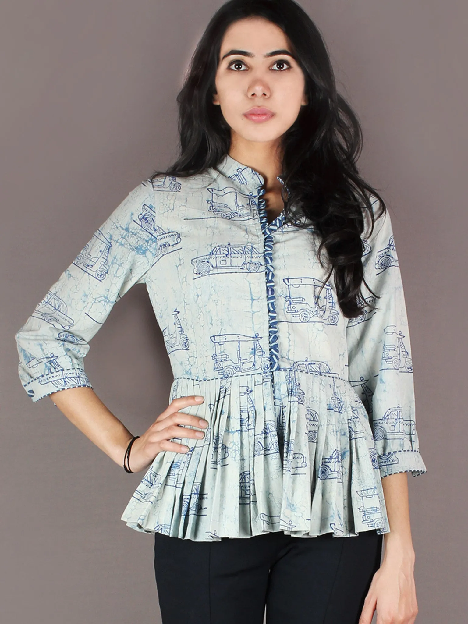 Indigo Light Blue Hand Block Printed Cotton Pleated Top - T11640021