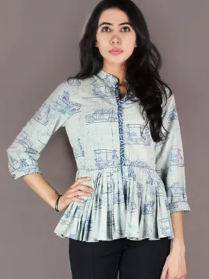 Indigo Light Blue Hand Block Printed Cotton Pleated Top - T11640021