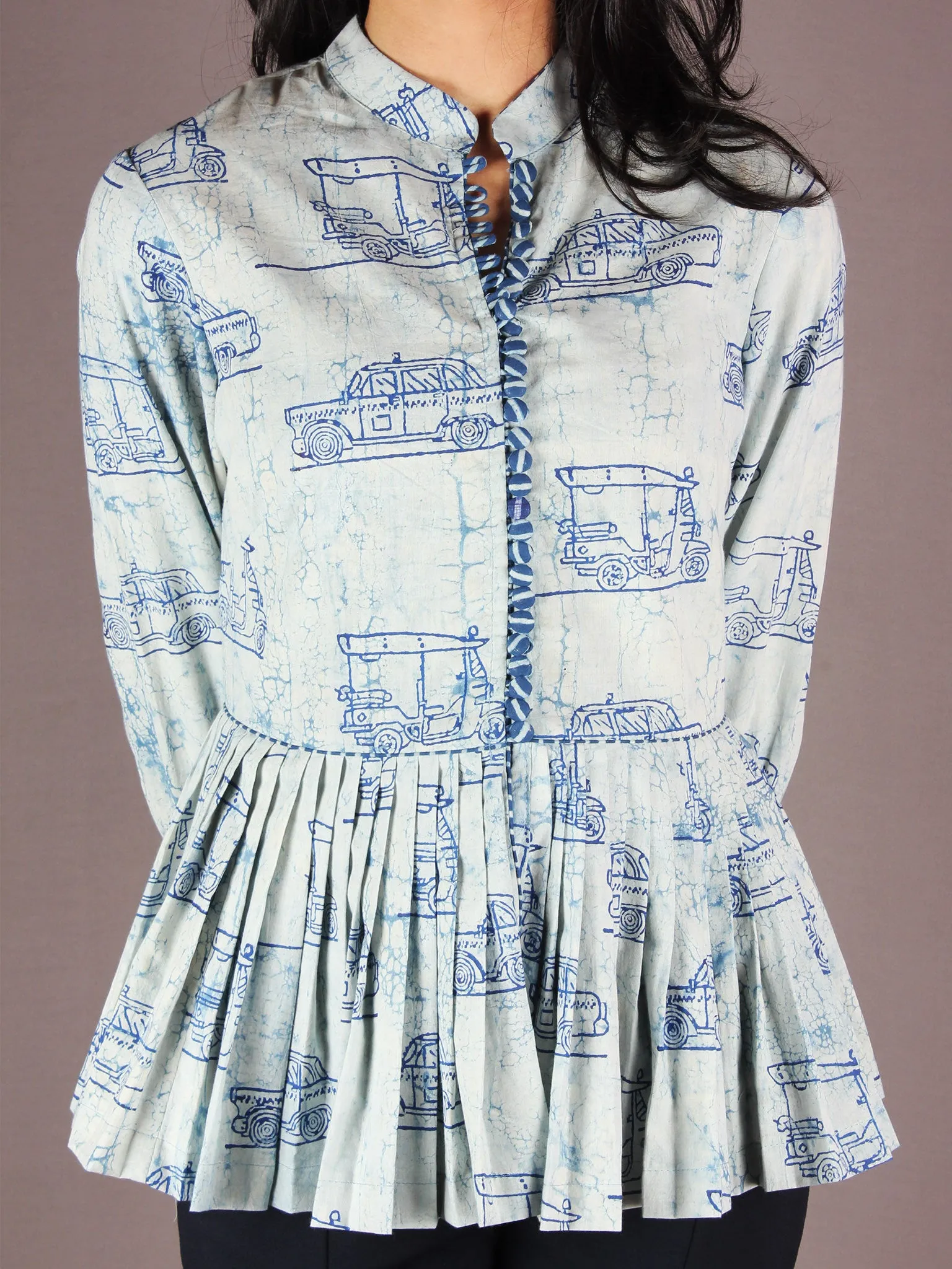 Indigo Light Blue Hand Block Printed Cotton Pleated Top - T11640021
