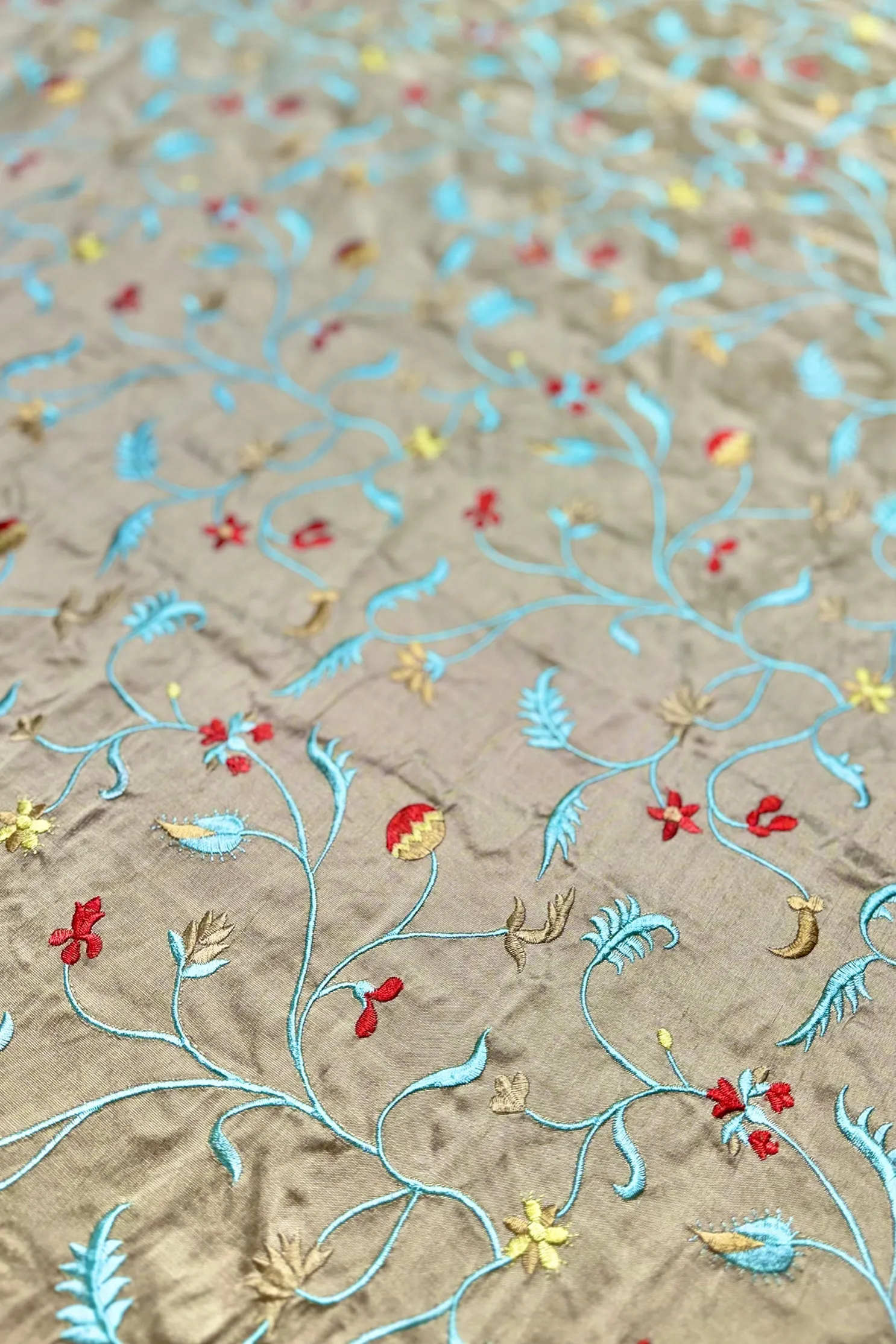 Khaki/Multicolor Embroidered Dupioni Silk MED-210/6