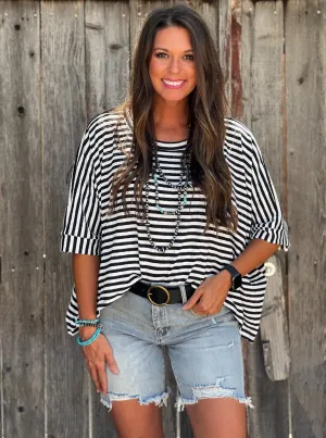 Laverne Black & White Striped Drop Shoulder Top